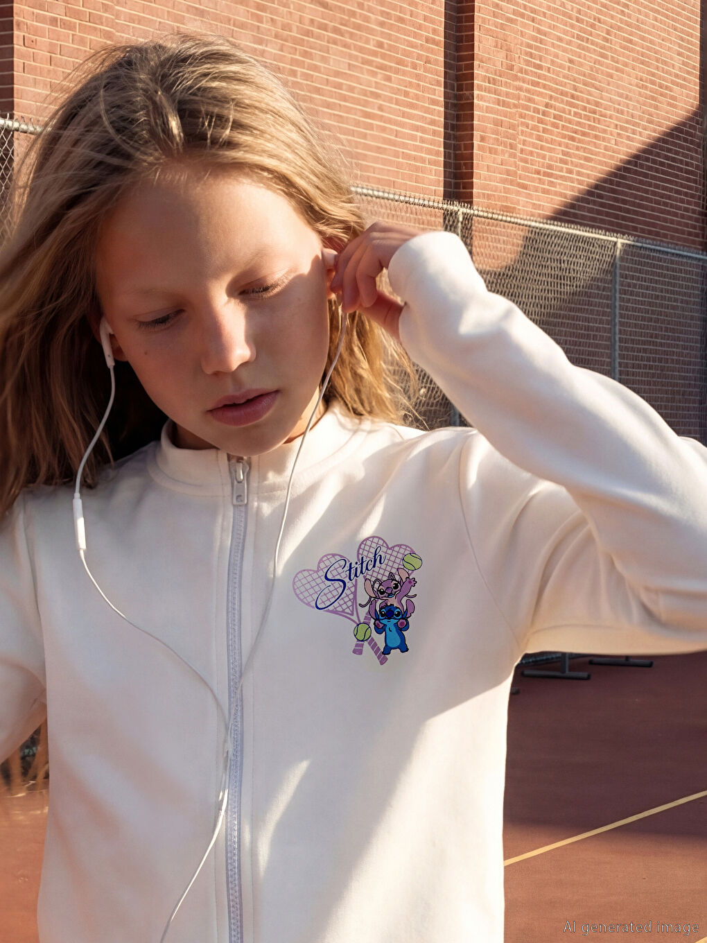 Beyaz Stitch ve Angel Baskılı Kız Çocuk Soft Touch Fermuarlı Sweatshirt