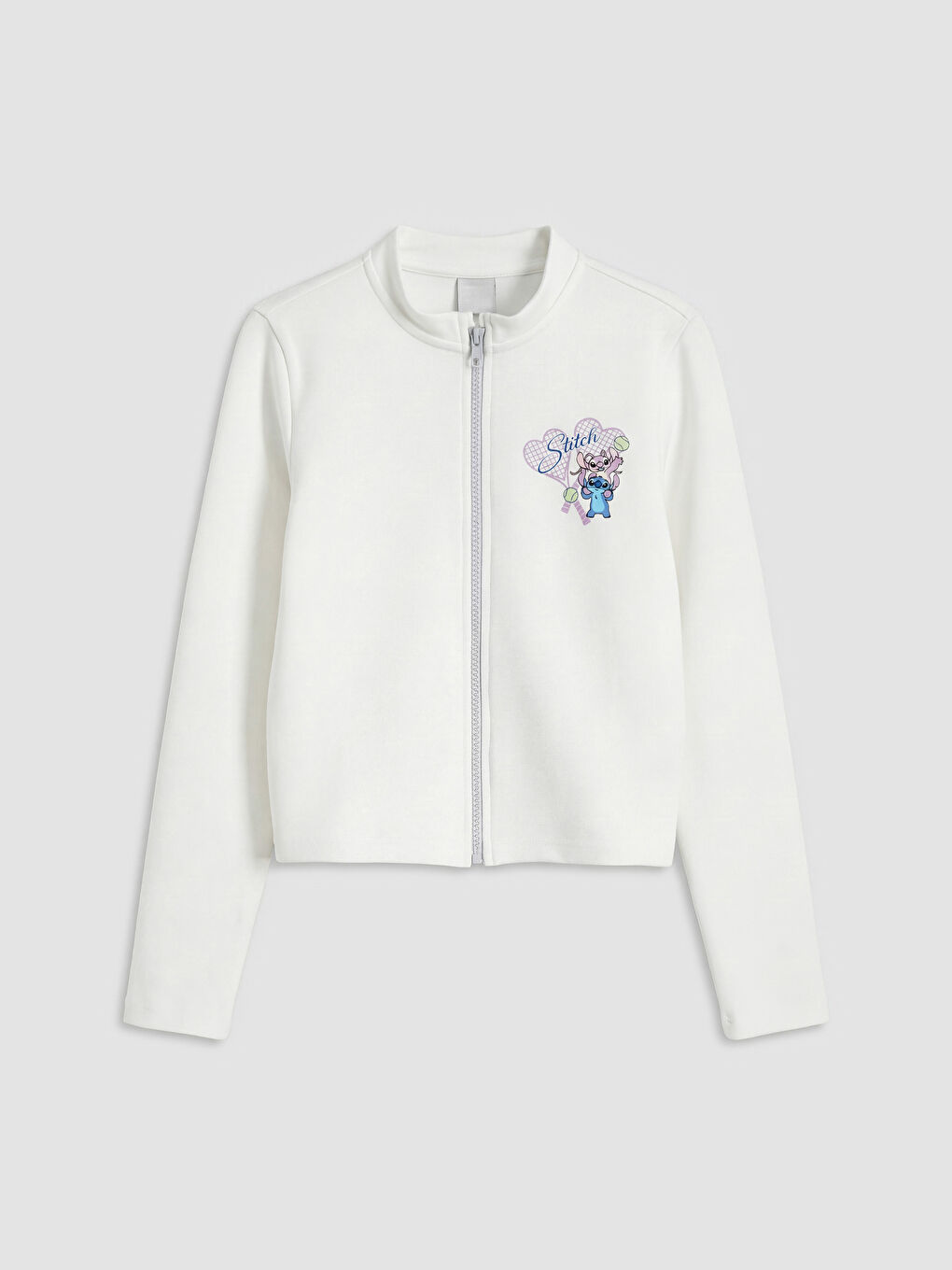 Beyaz Stitch ve Angel Baskılı Kız Çocuk Soft Touch Fermuarlı Sweatshirt-1