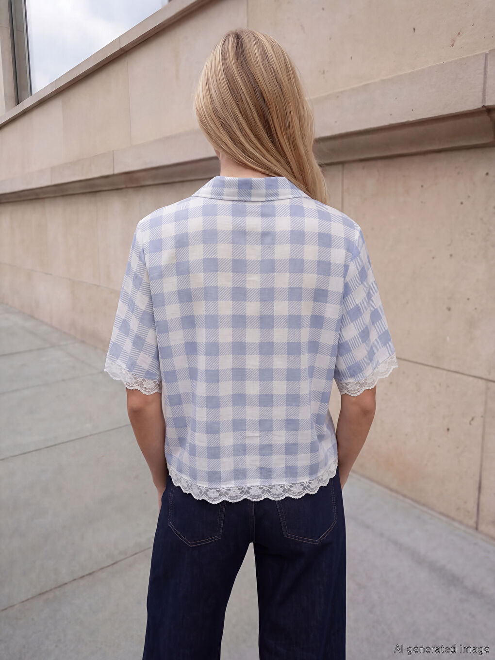 Mavi Ekose Oversize Kadın Gömlek-3