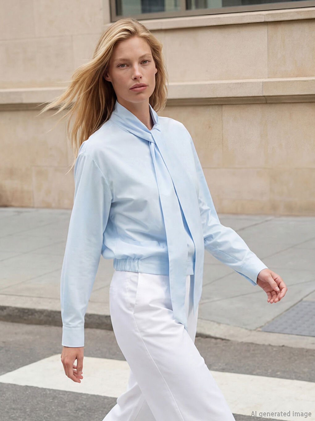 Mavi Fular Yaka Kadın Gömlek