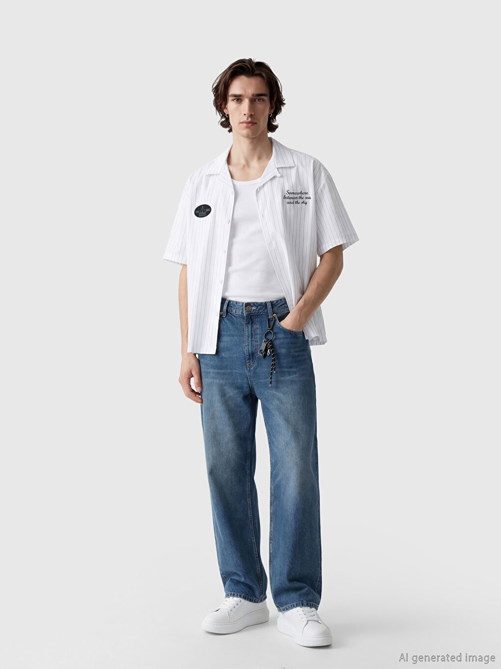 Beyaz Regular Fit Çizgili Erkek Gömlek-2