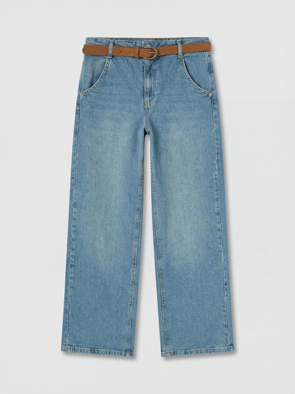 İndigo Beli Kemerli Wideleg Kadın Jean Pantolon