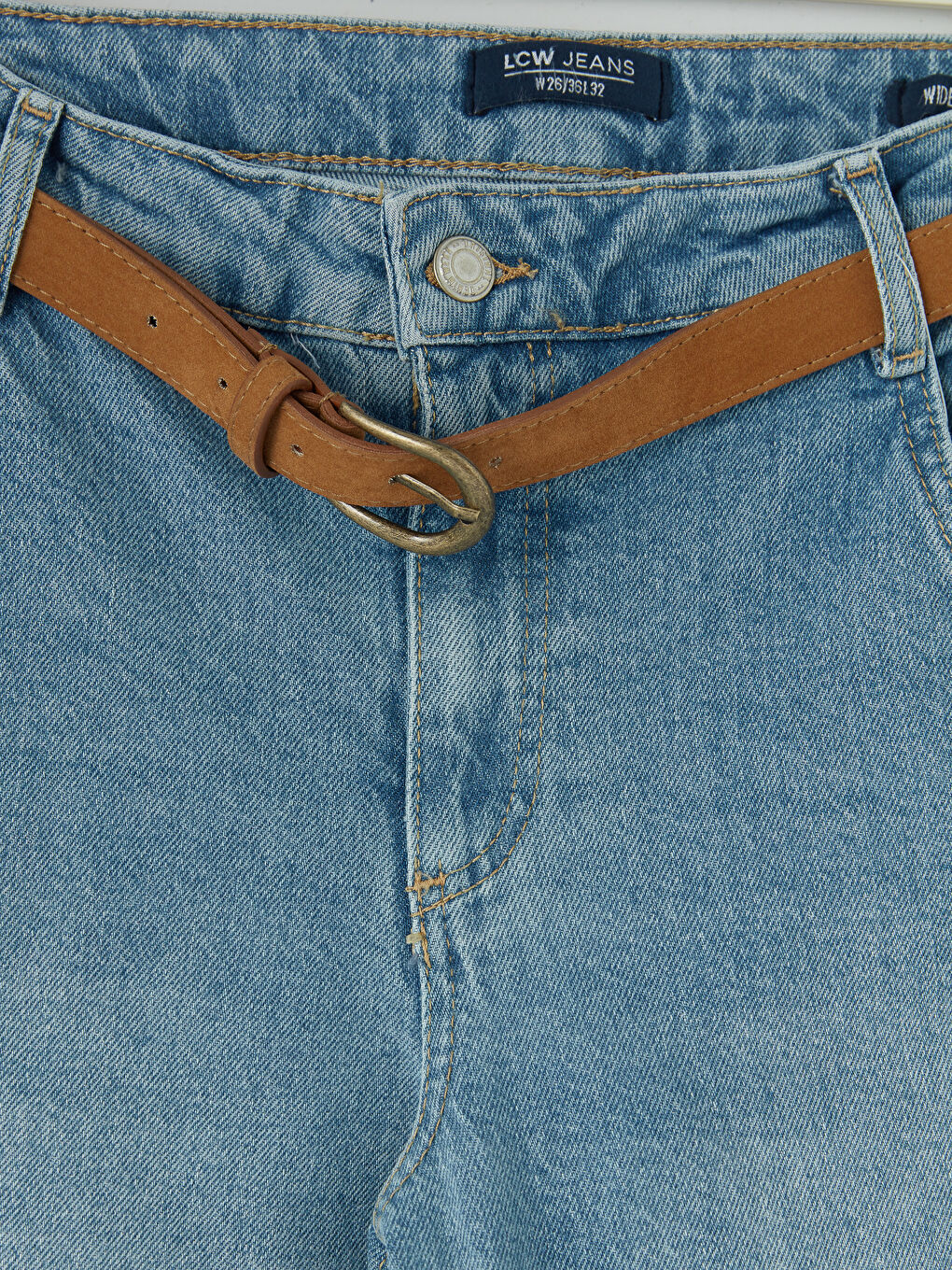 İndigo Beli Kemerli Wideleg Kadın Jean Pantolon-2