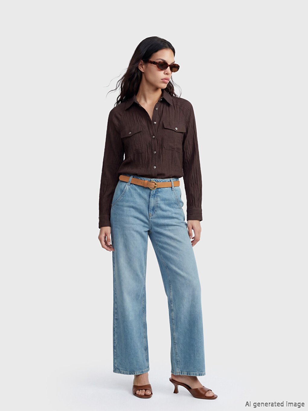 İndigo Beli Kemerli Wideleg Kadın Jean Pantolon