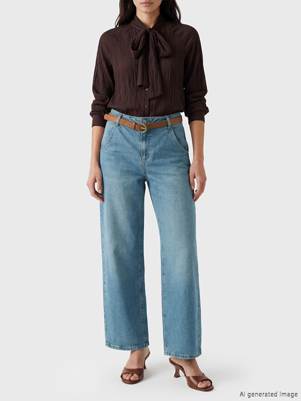 İndigo Beli Kemerli Wideleg Kadın Jean Pantolon-1
