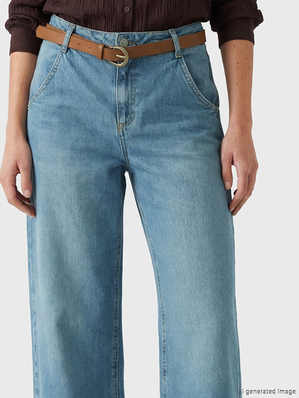 İndigo Beli Kemerli Wideleg Kadın Jean Pantolon-2