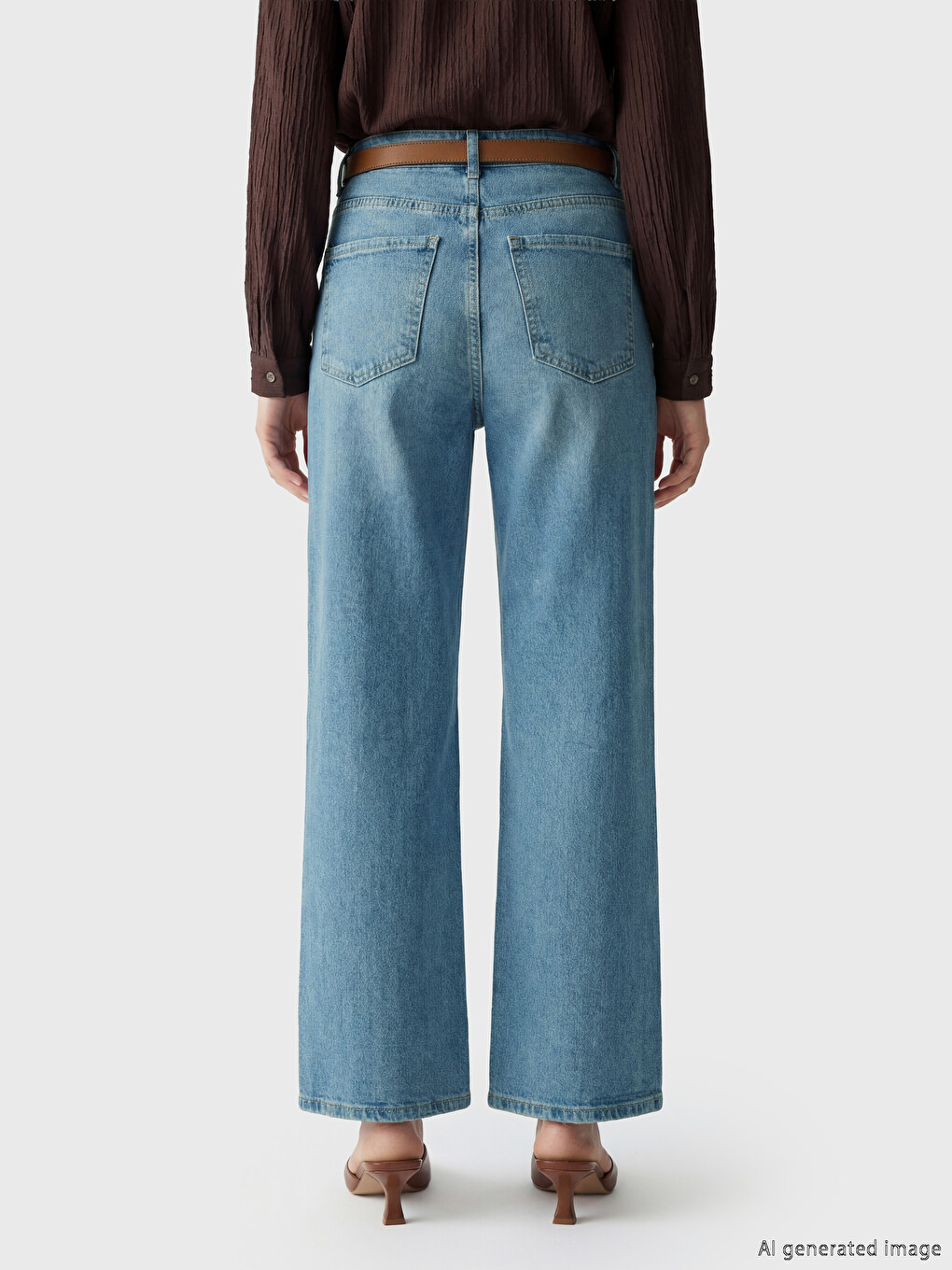 İndigo Beli Kemerli Wideleg Kadın Jean Pantolon-3