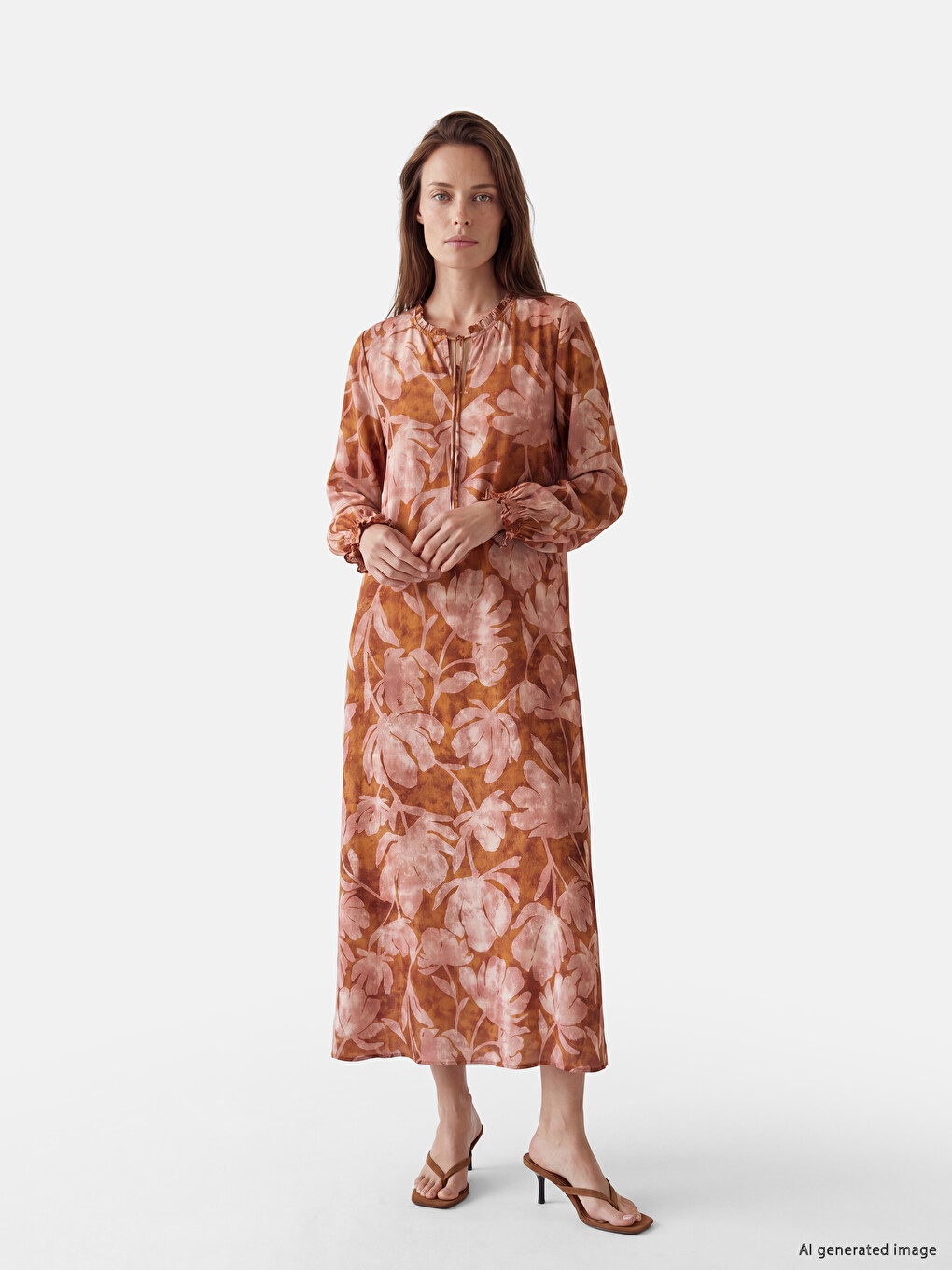 Ruffled Tie Neck Patterned Dress