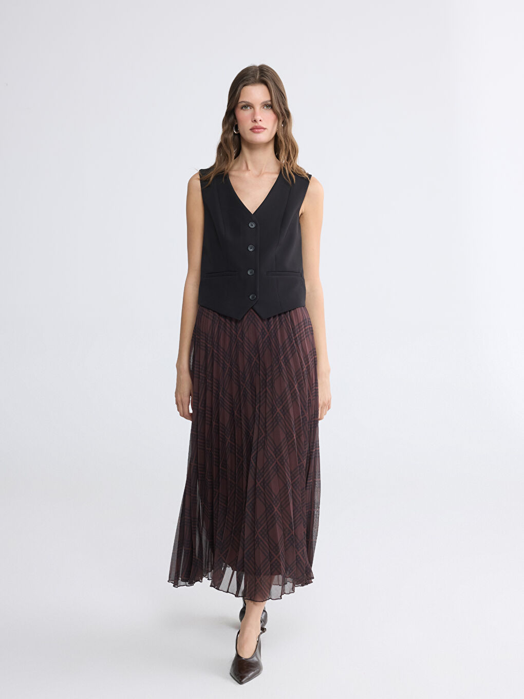 Karışık Beli Lastikli Ekose Pileli Etek