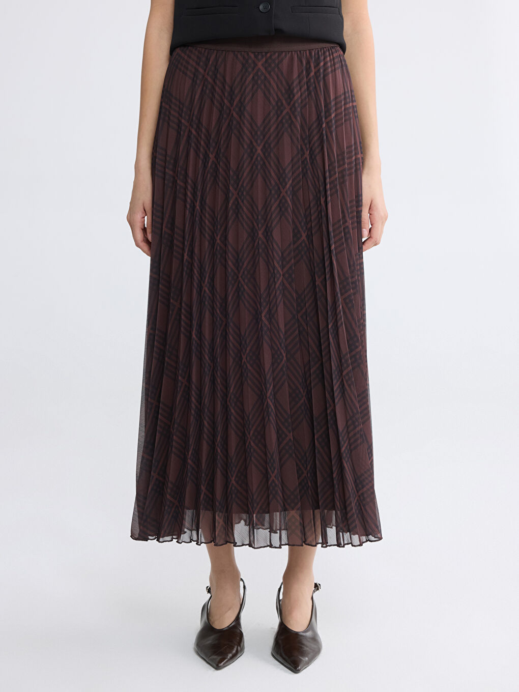 Karışık Beli Lastikli Ekose Pileli Etek-1