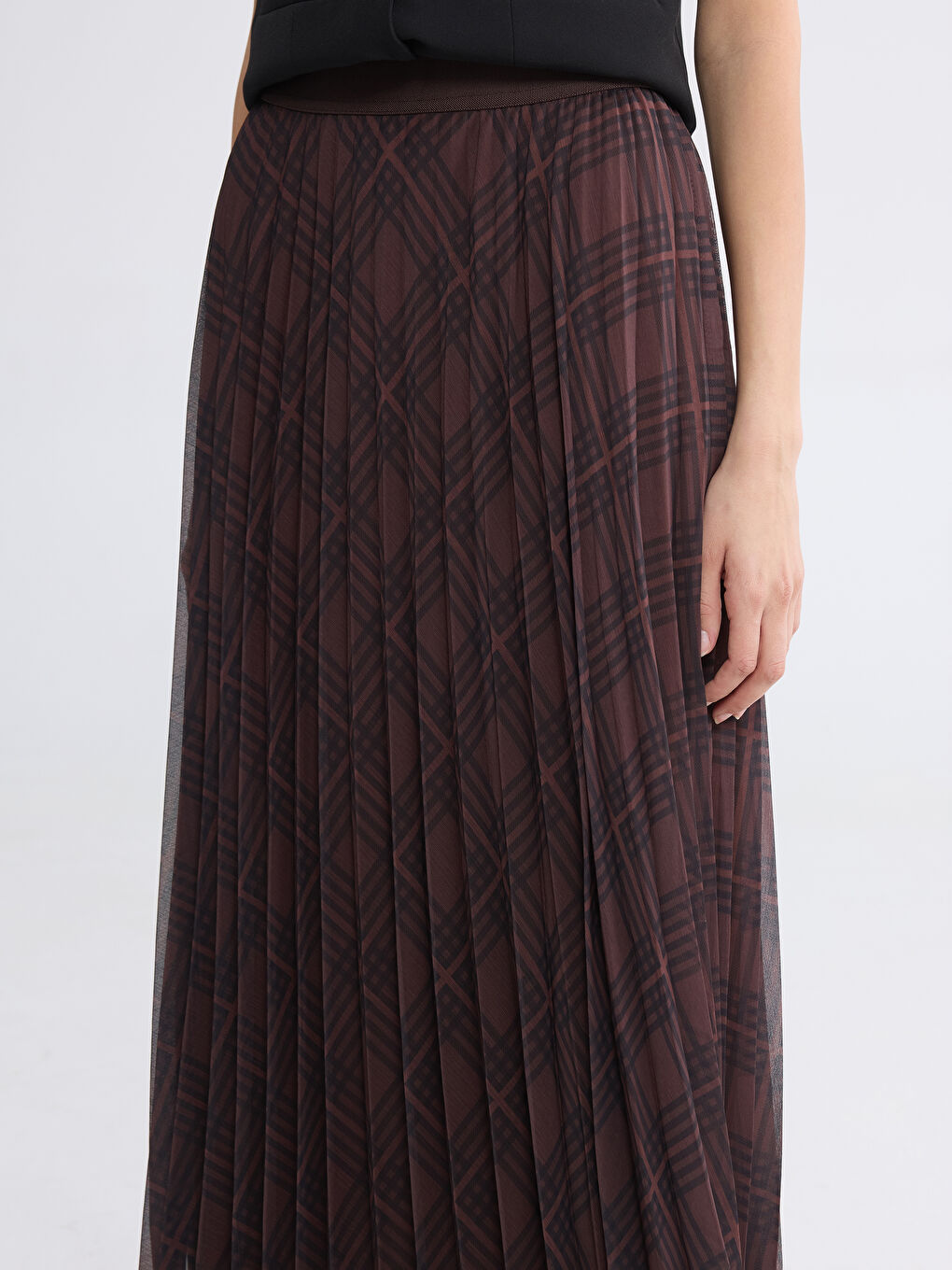 Karışık Beli Lastikli Ekose Pileli Etek-2