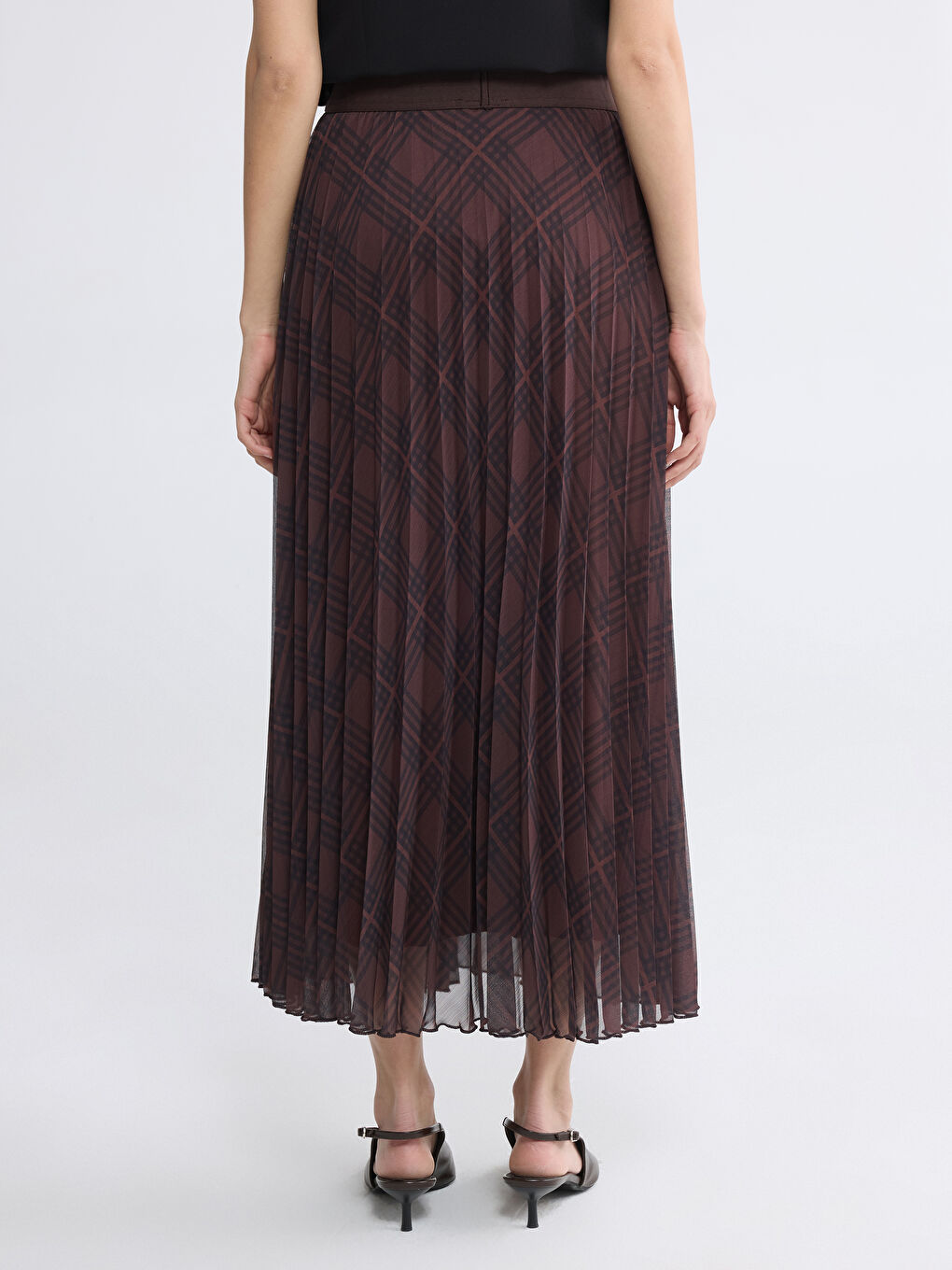 Karışık Beli Lastikli Ekose Pileli Etek-3