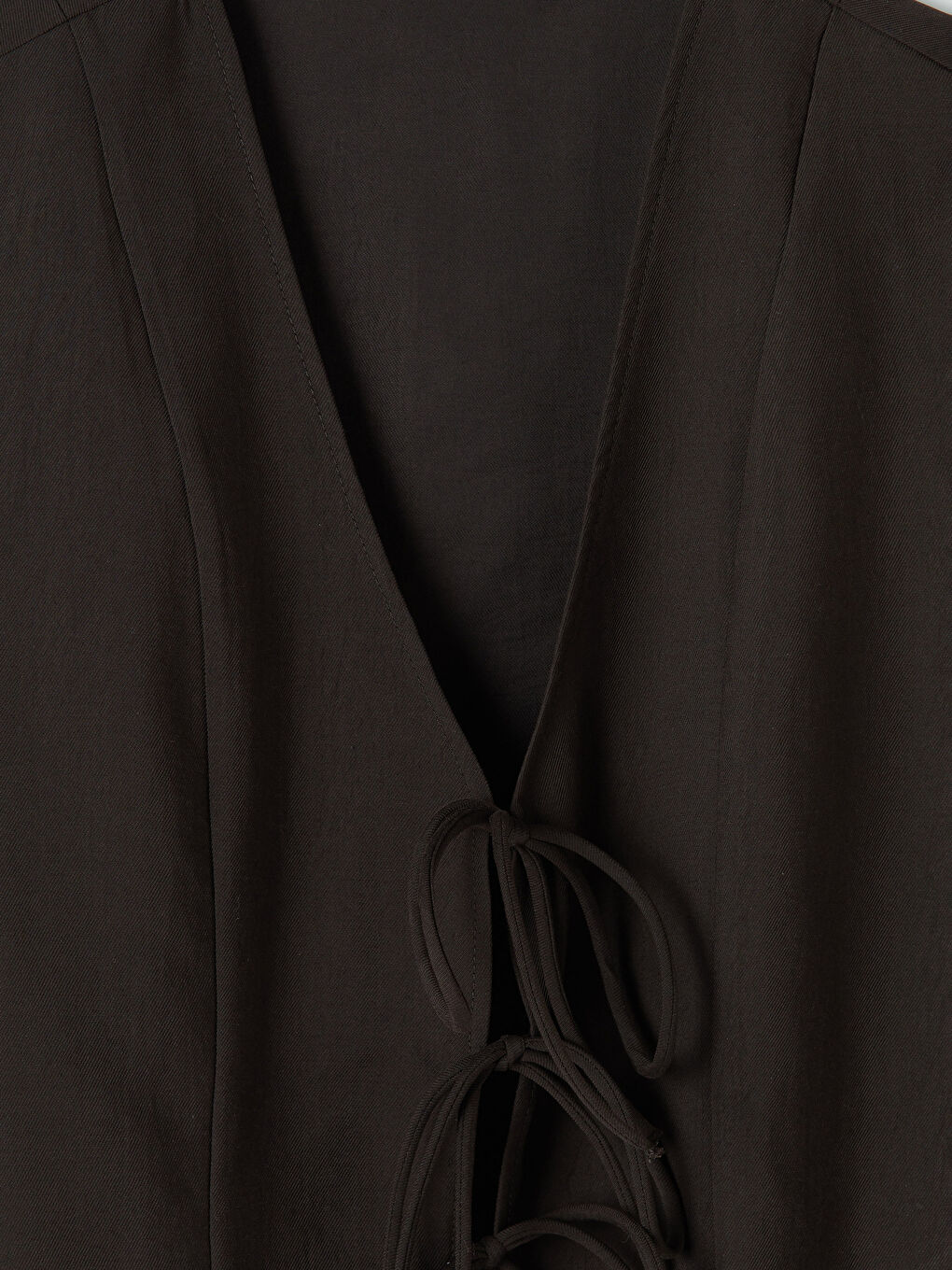 Kahverengi V Yaka Bağlama Detaylı Bluz-2