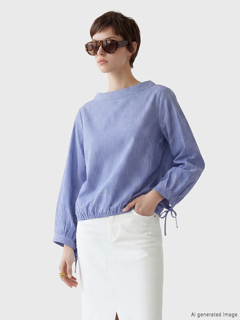 Mavi Kayık Yaka Çizgili Bluz