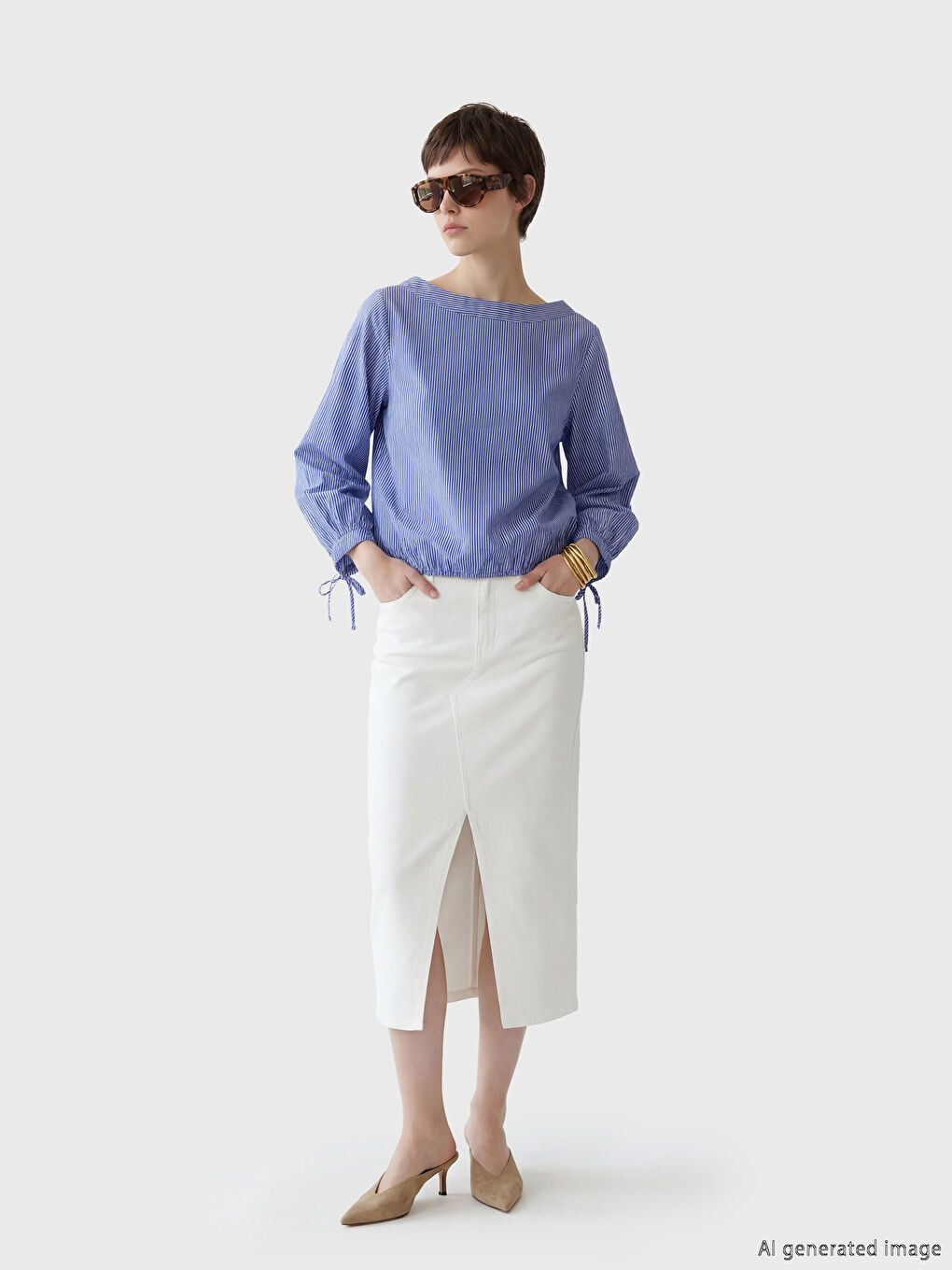 Mavi Kayık Yaka Çizgili Bluz-1