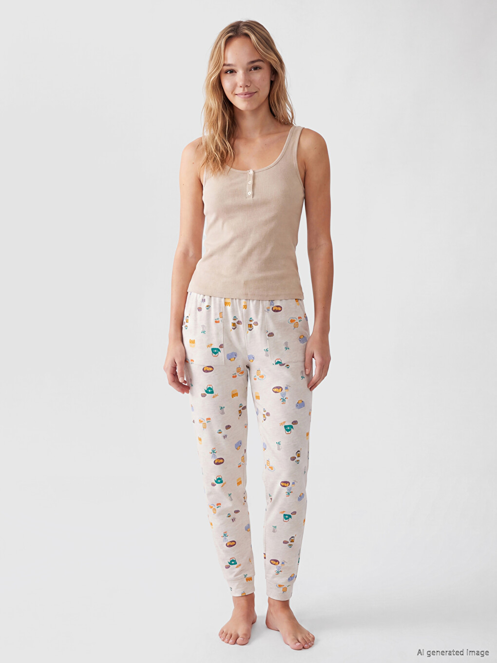 Bej U Yaka Kadın Pijama Üstü-1