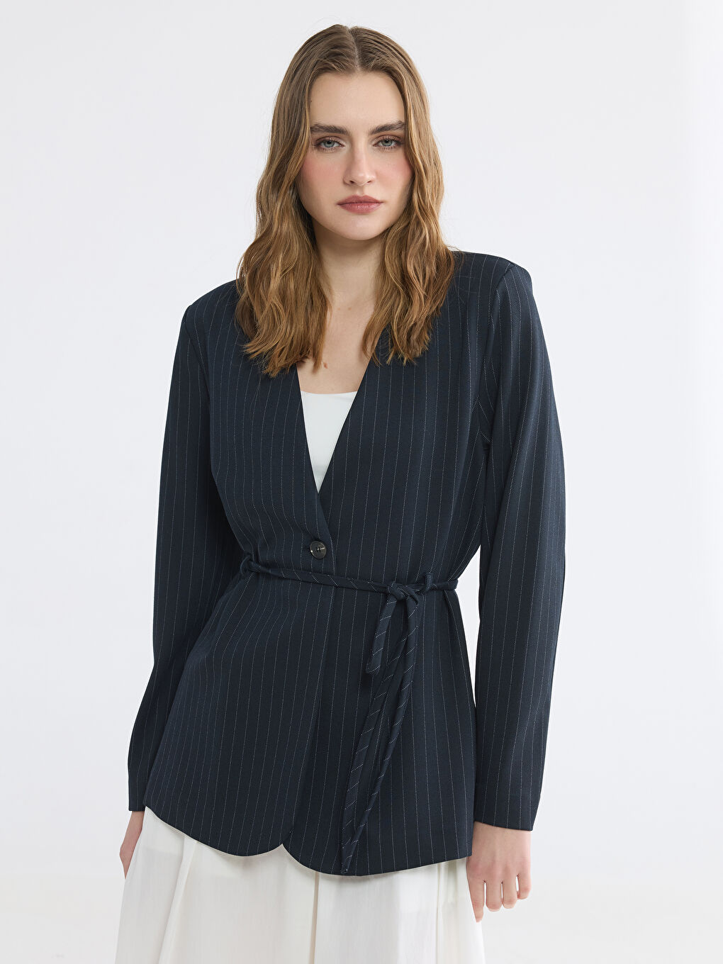 Lacivert Çizgili Kadın Blazer Ceket