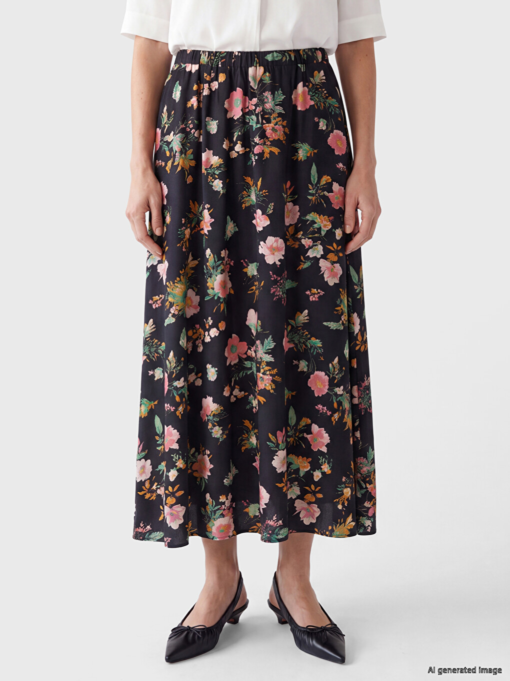 Elastic Waist Floral Flared Skirt-1