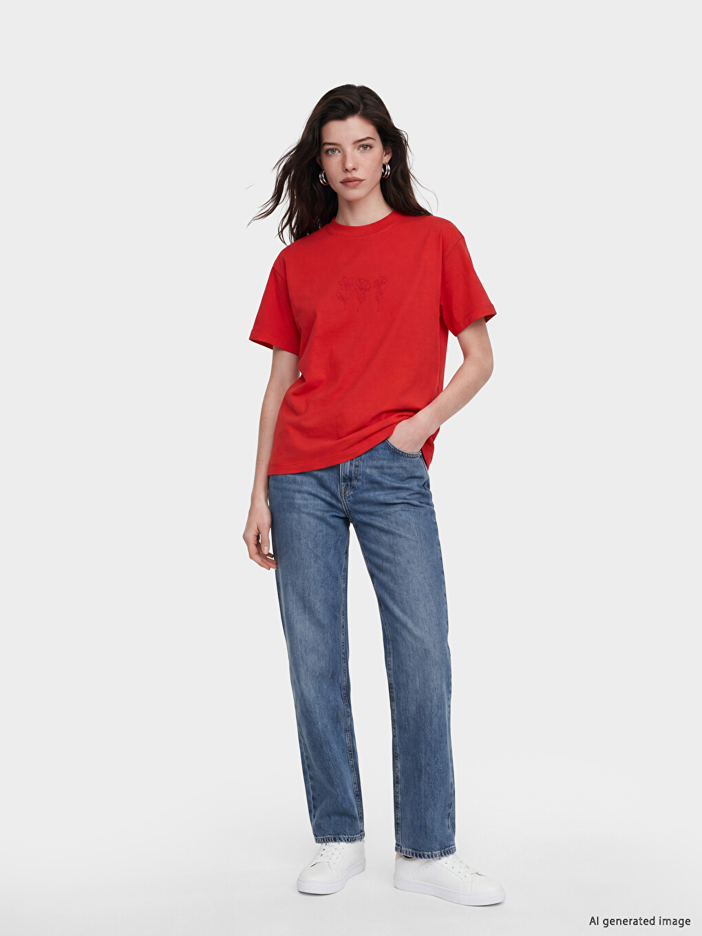 Flower Embroidered 100% Cotton Women's T-Shirt-1