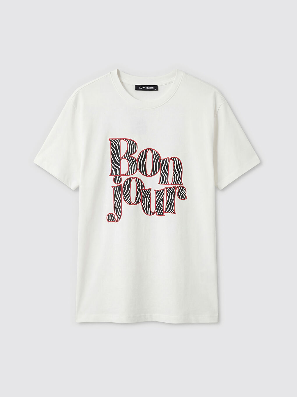 Ekru Bisiklet Yaka Baskılı Kadın Tişört