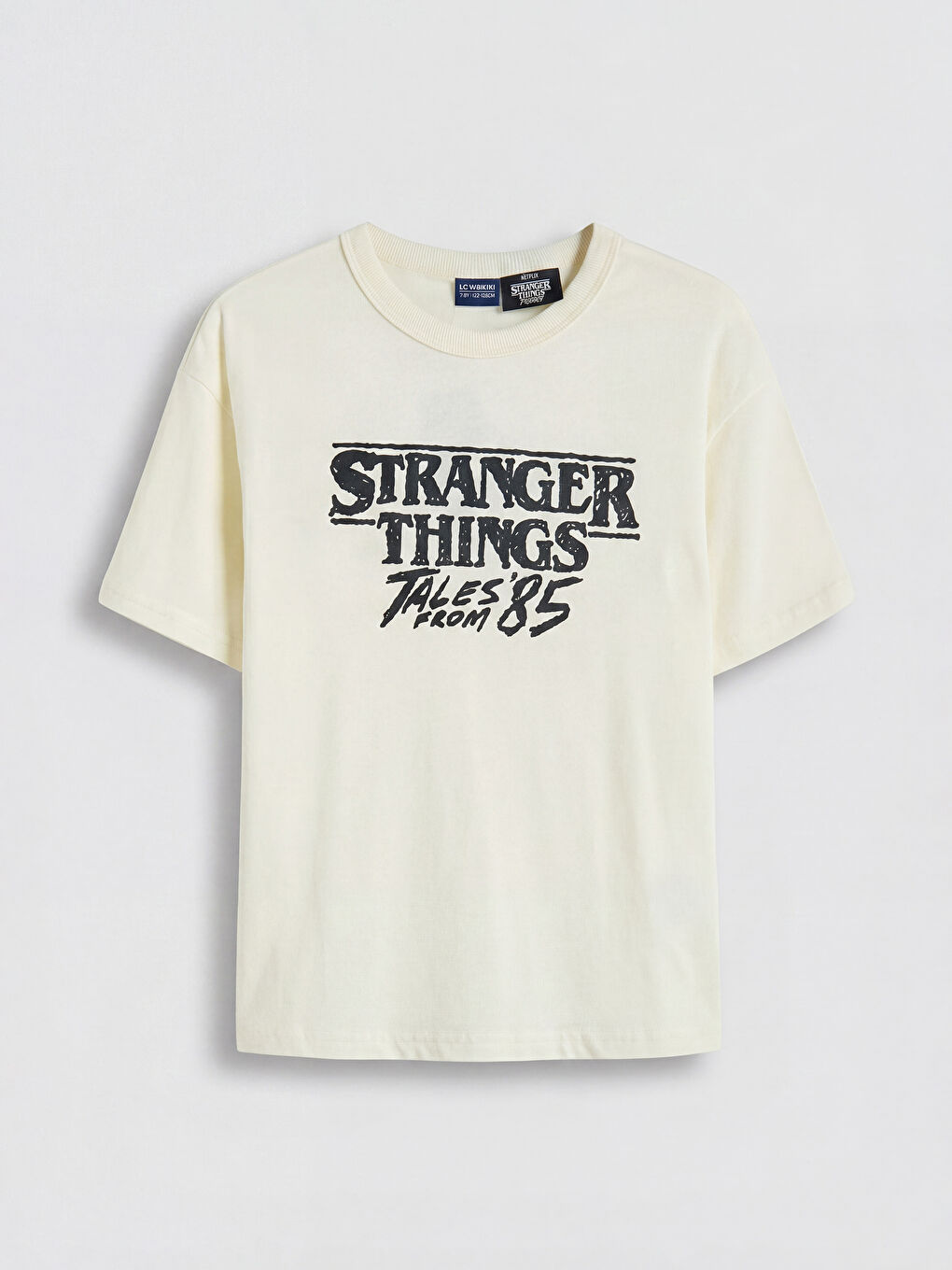 Ekru Bisiklet Yaka Stranger Things Baskılı Erkek Çocuk Tişört-1