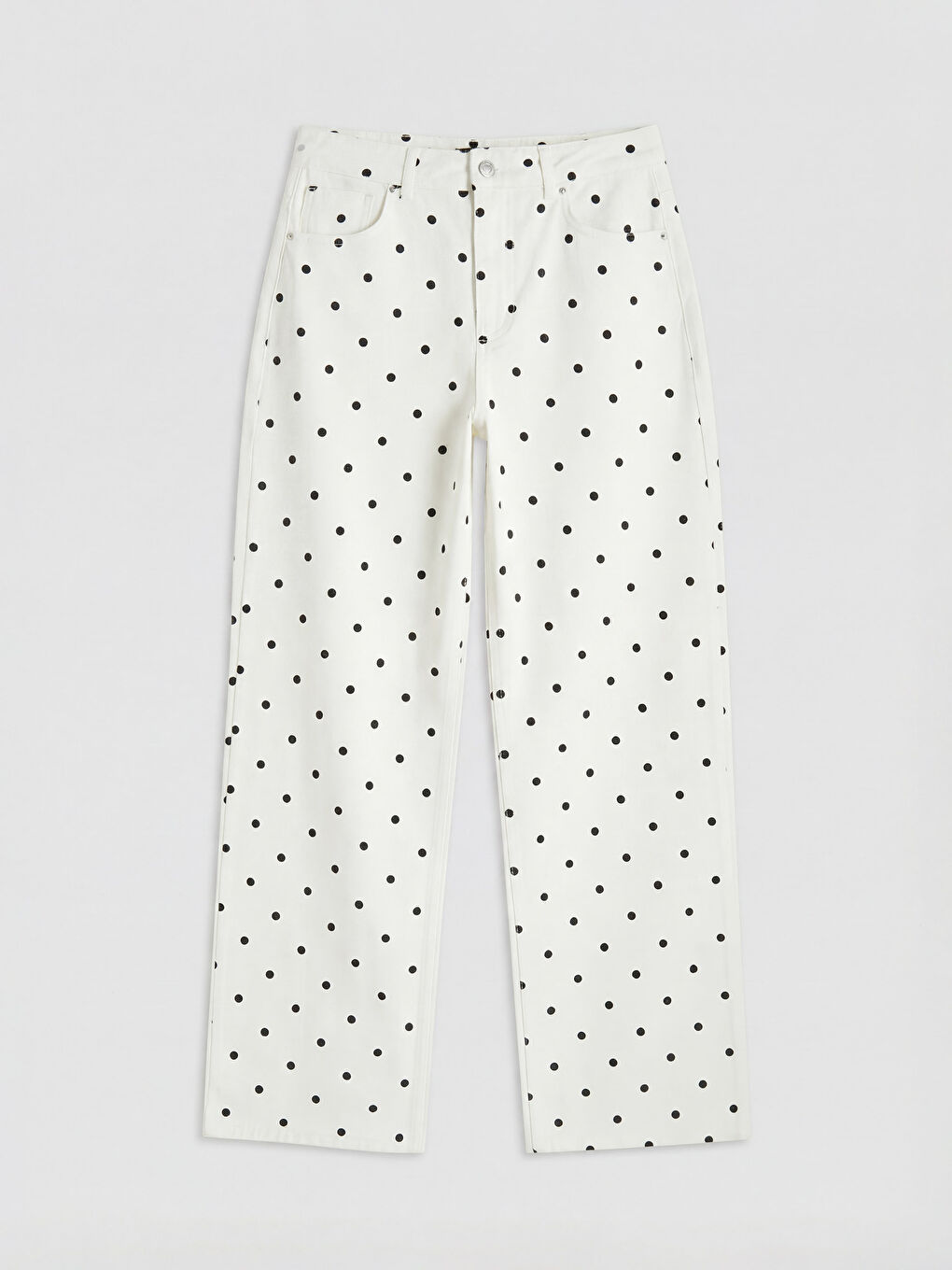 Beyaz Puantiyeli Straight Fit Kadın Jean Pantolon