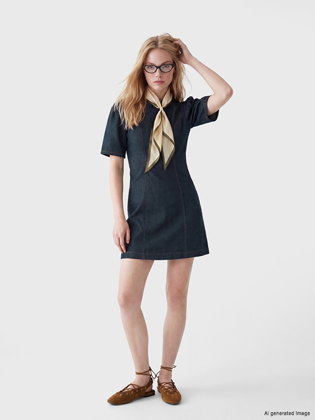 Crew Neck Puff Sleeve Mini Denim Dress