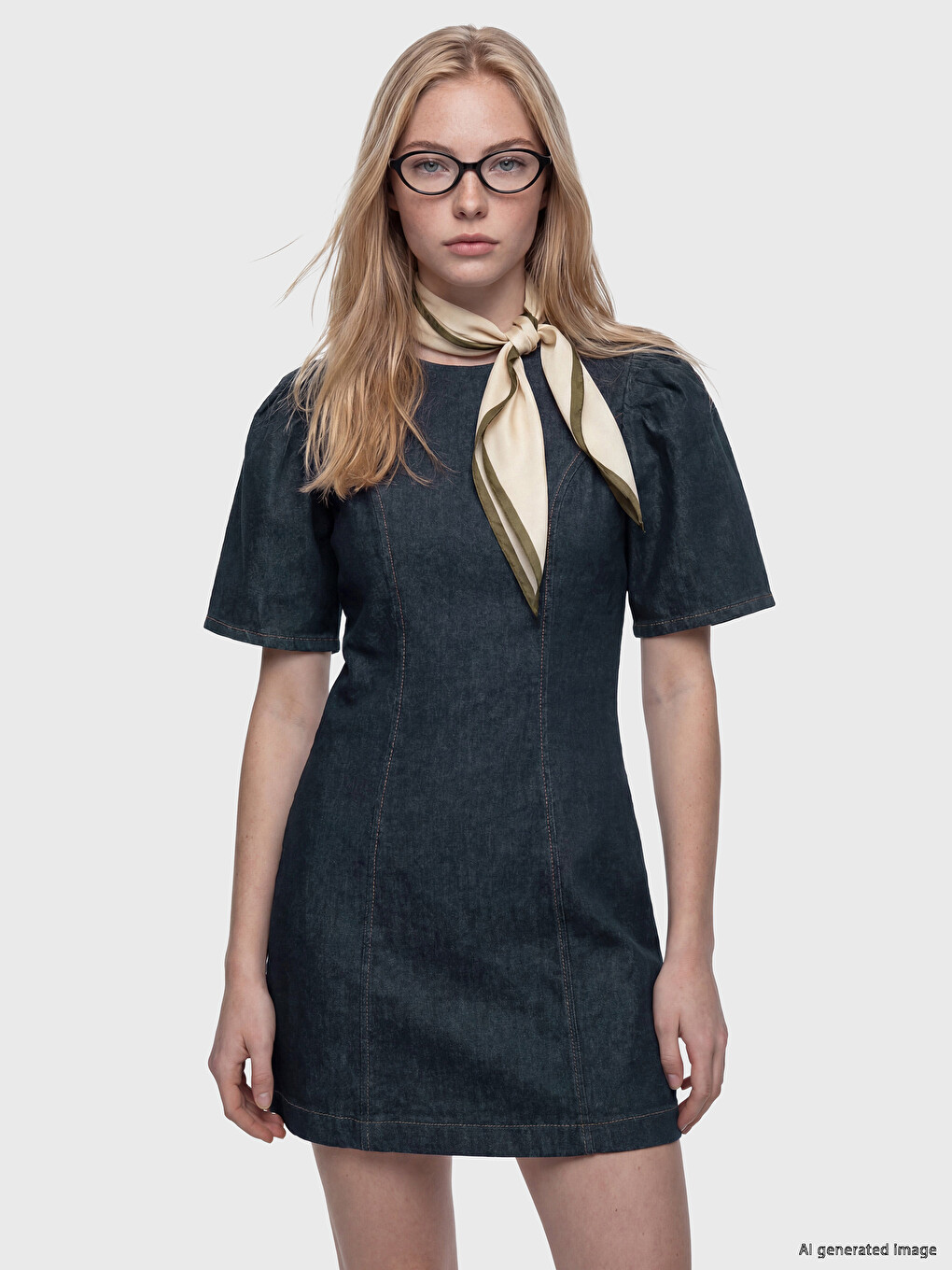 Crew Neck Puff Sleeve Mini Denim Dress-1