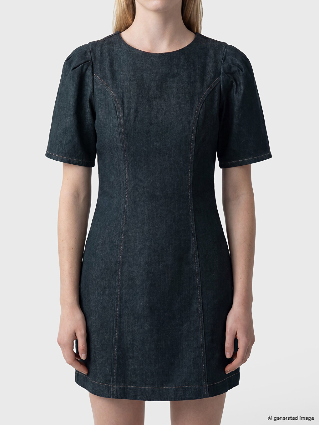 Crew Neck Puff Sleeve Mini Denim Dress-2