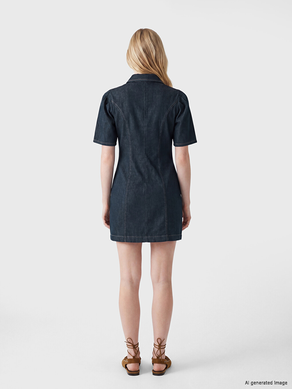 Crew Neck Puff Sleeve Mini Denim Dress-3