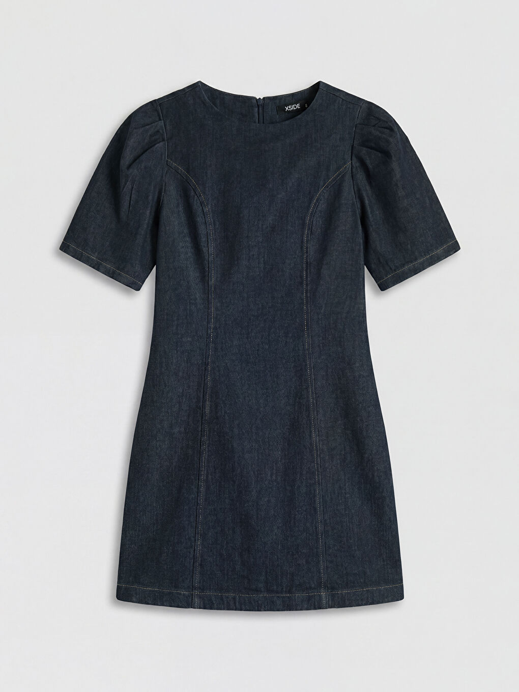 İndigo Bisiklet Yaka Karpuz Kol Mini Jean Elbise-6