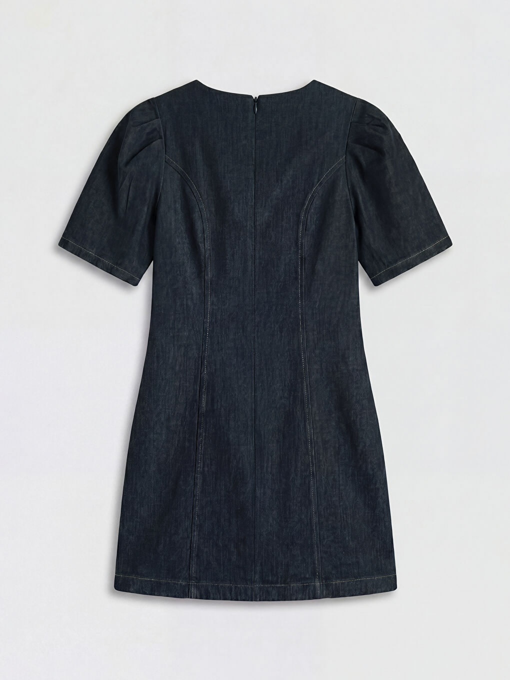 İndigo Bisiklet Yaka Karpuz Kol Mini Jean Elbise-7
