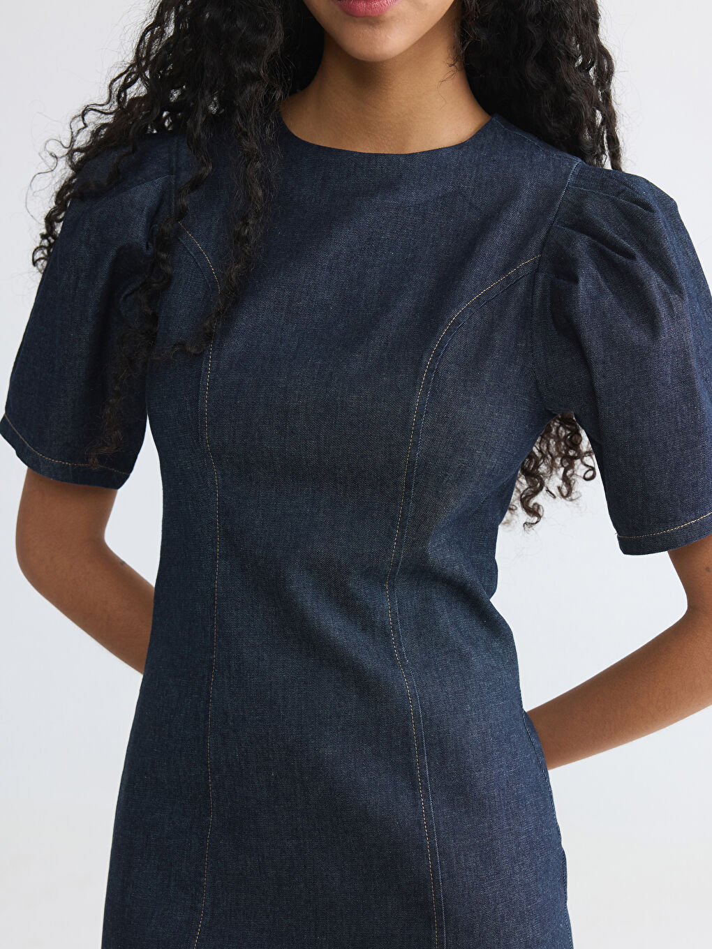 İndigo Bisiklet Yaka Karpuz Kol Mini Jean Elbise-3
