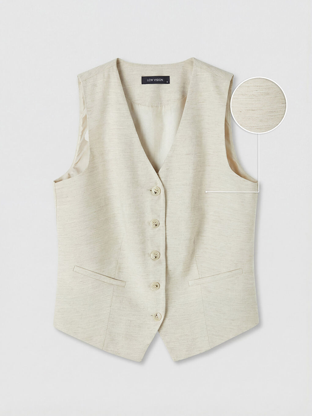 Bej V Yaka Keten Karışımlı Kadın Klasik Yelek
