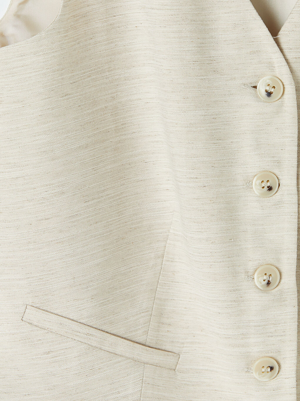 Bej V Yaka Keten Karışımlı Kadın Klasik Yelek-2