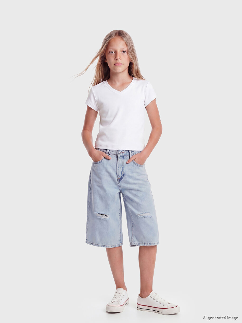 Ripped Detail Girls' Denim Shorts-1