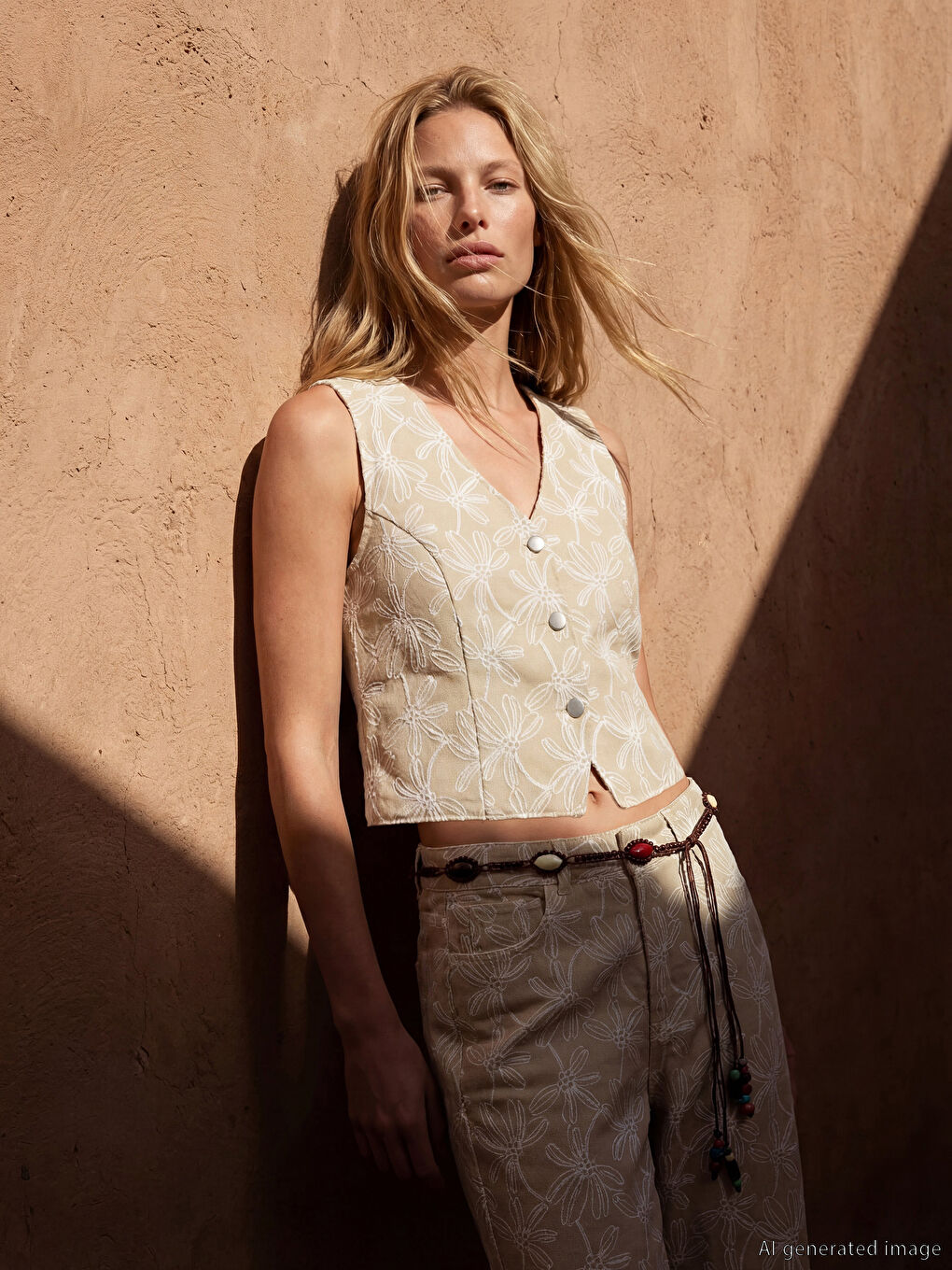 Bej V Yaka Nakışlı Kadın Jean Yelek