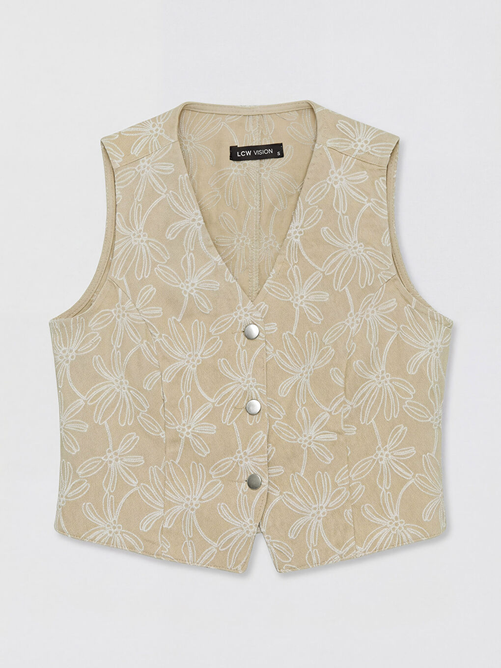 Bej V Yaka Nakışlı Kadın Jean Yelek-3