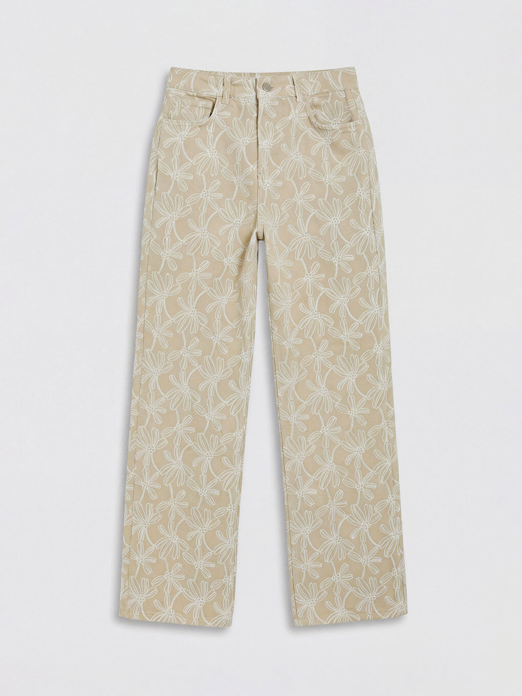 Bej Straight Fit Nakışlı Kadın Jean Pantolon-4