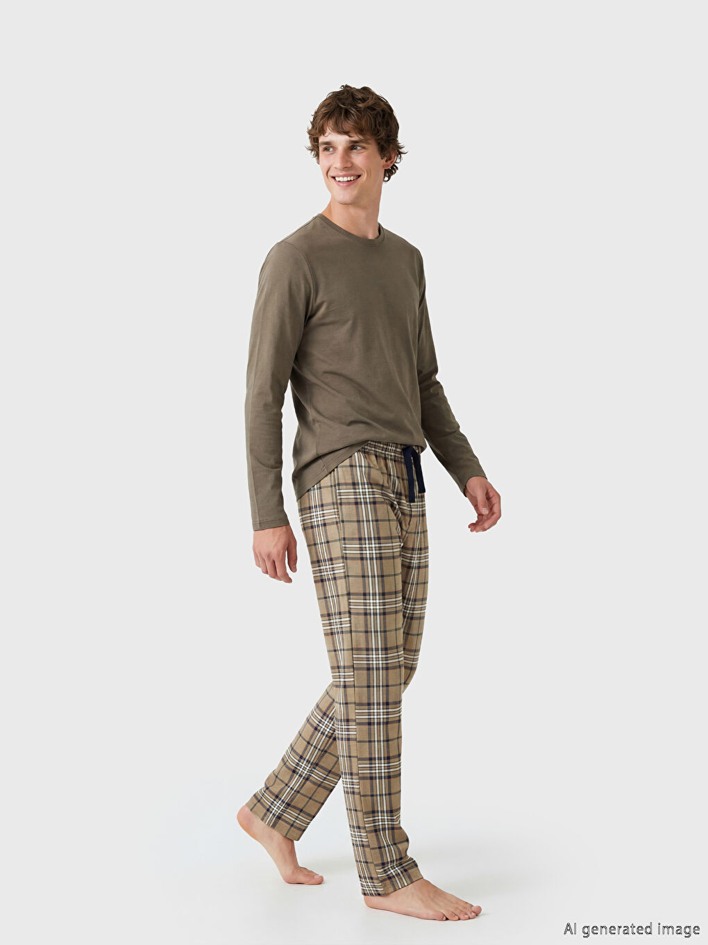 Bej Standart Kalıp Ekose Erkek Pijama Altı