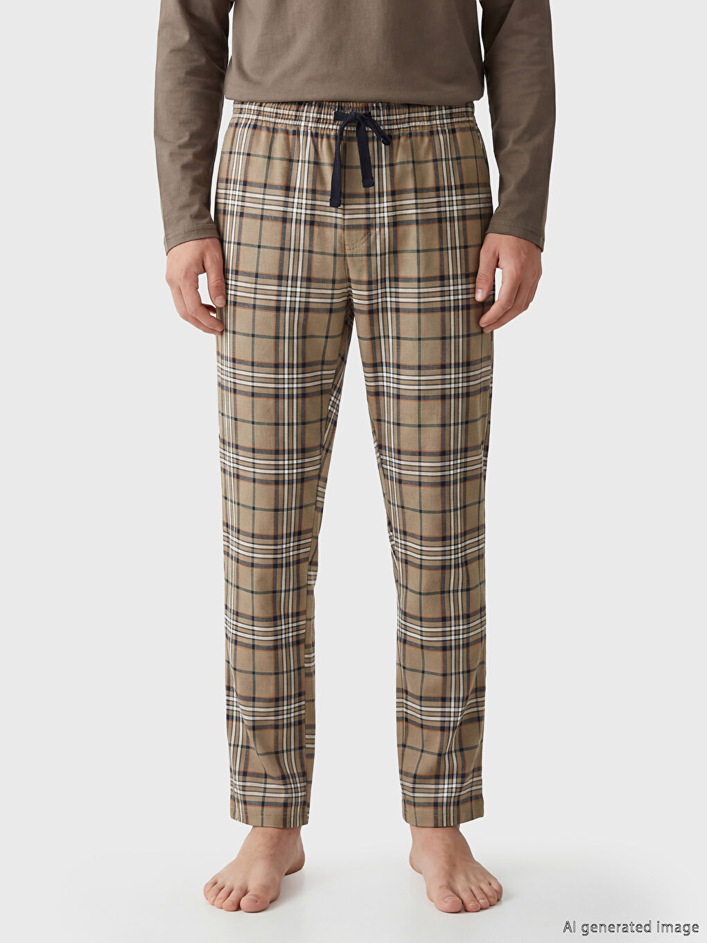 Bej Standart Kalıp Ekose Erkek Pijama Altı-1