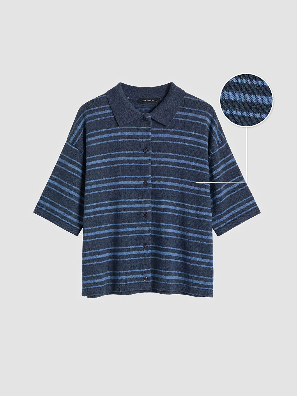 İndigo Polo Yaka Çizgili Kadın Triko Hırka