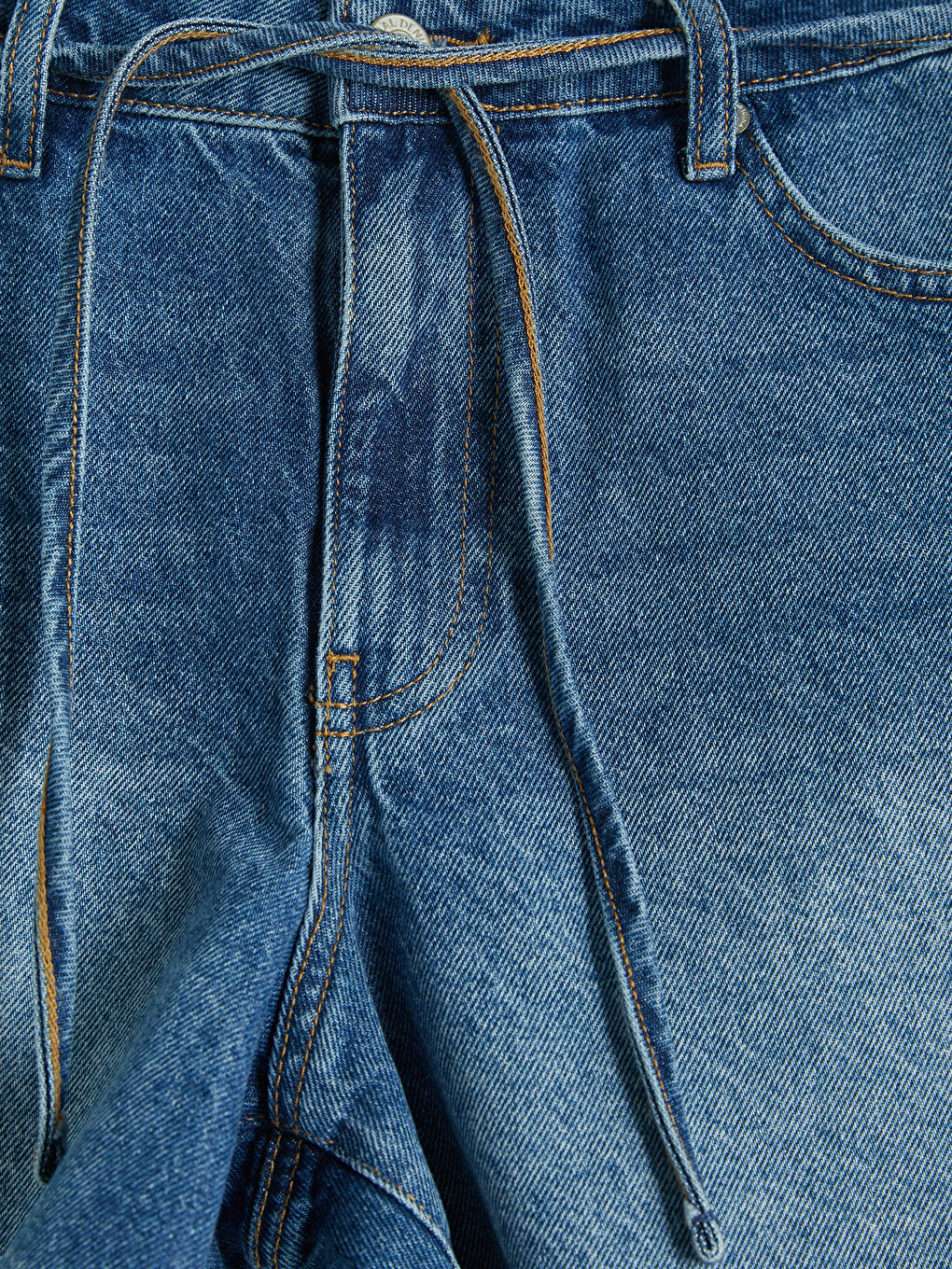 İndigo Beli Bağcıklı Kadın Jean Şort-2