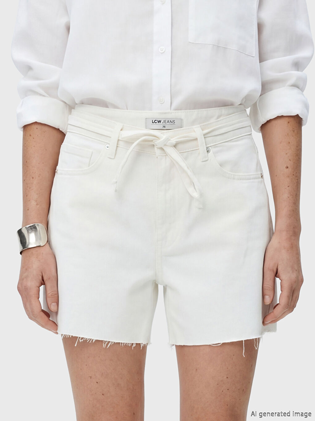 Beyaz Regular Fit Kadın Jean Şort-2