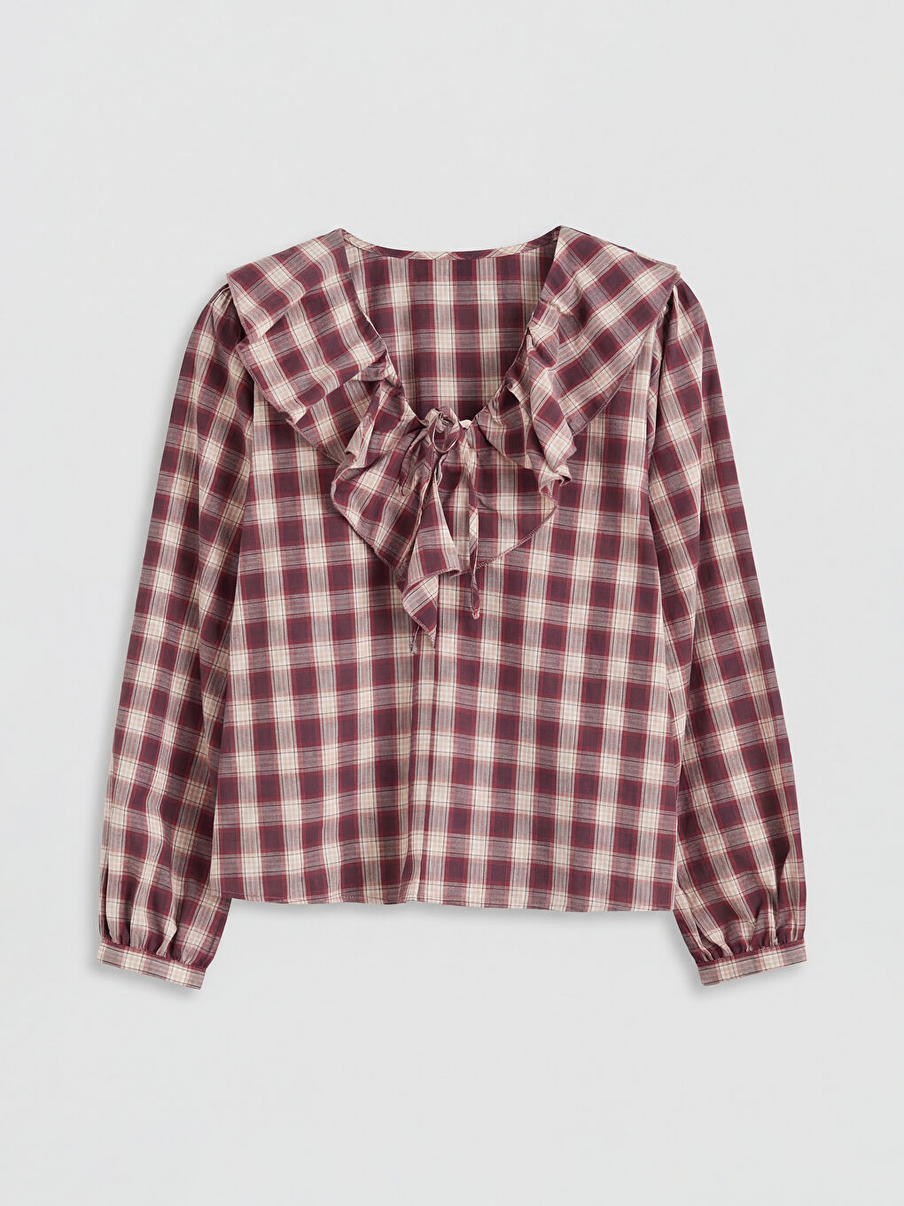 Bordo V Yaka Volanlı Ekose Bluz