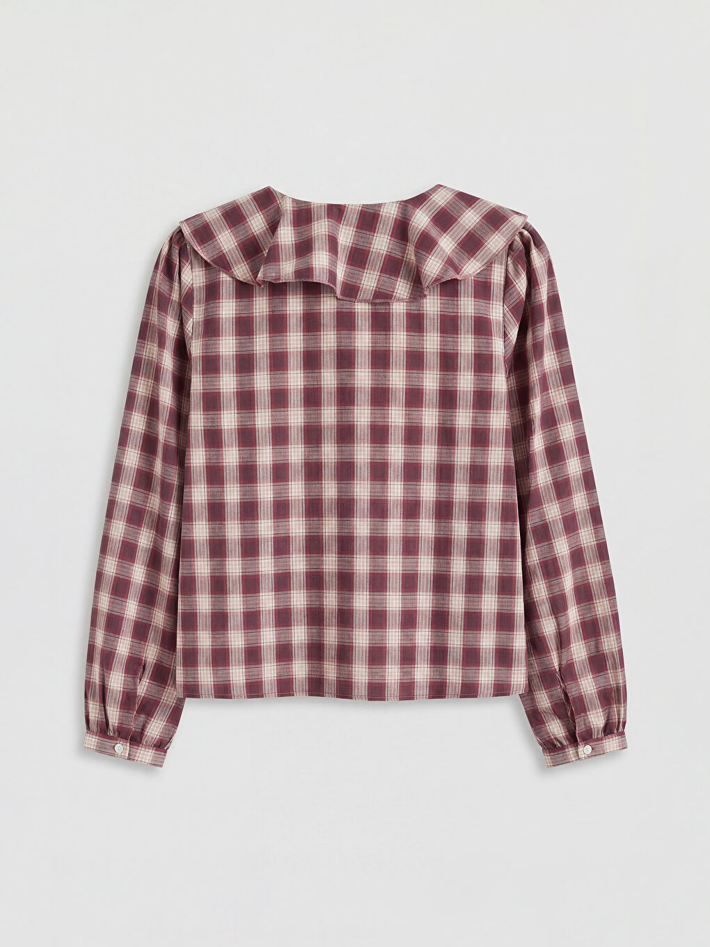 Bordo V Yaka Volanlı Ekose Bluz-1