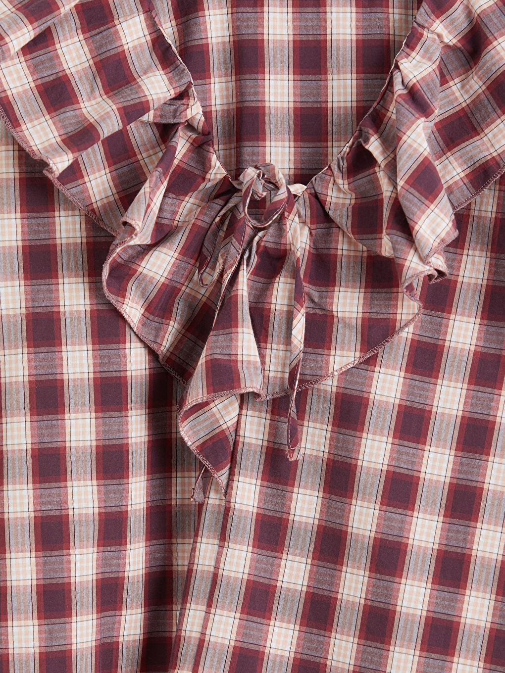 Bordo V Yaka Volanlı Ekose Bluz-2