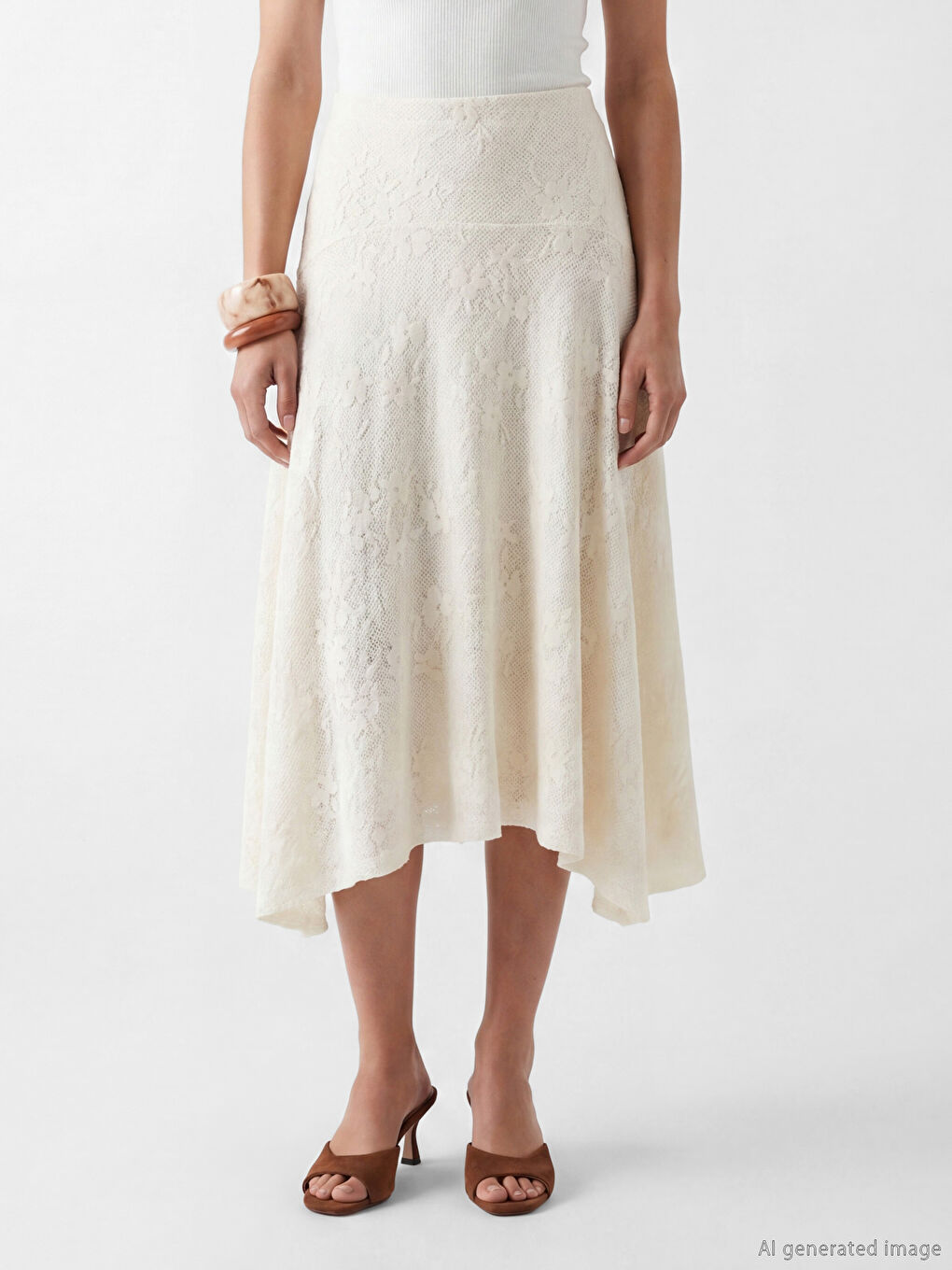 Beyaz Yüksek Bel Dantelli Asimetrik Kesim Etek-1