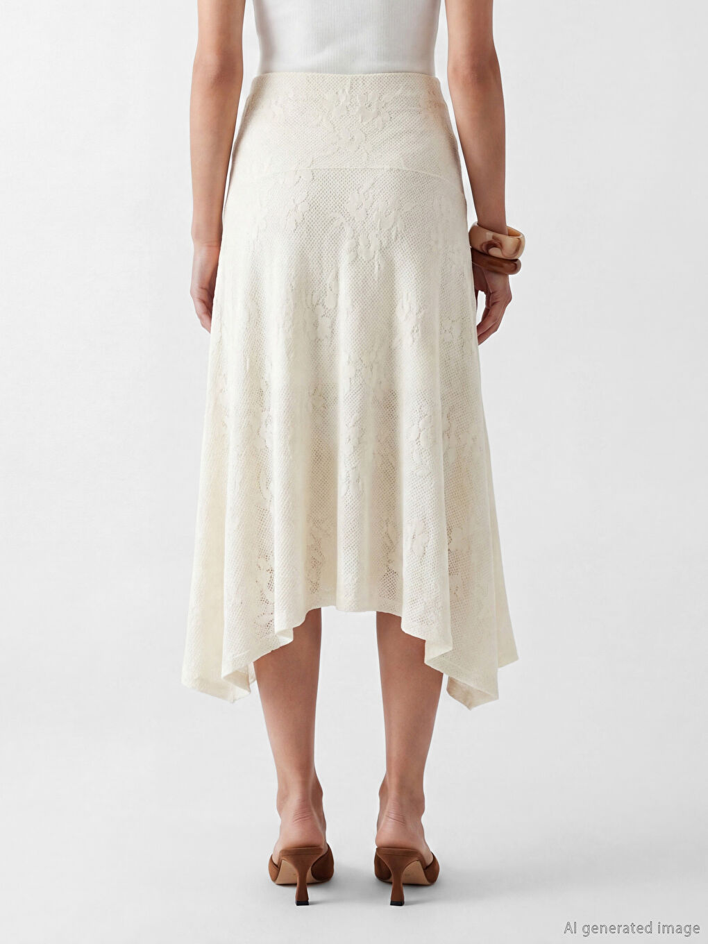 Beyaz Yüksek Bel Dantelli Asimetrik Kesim Etek-3
