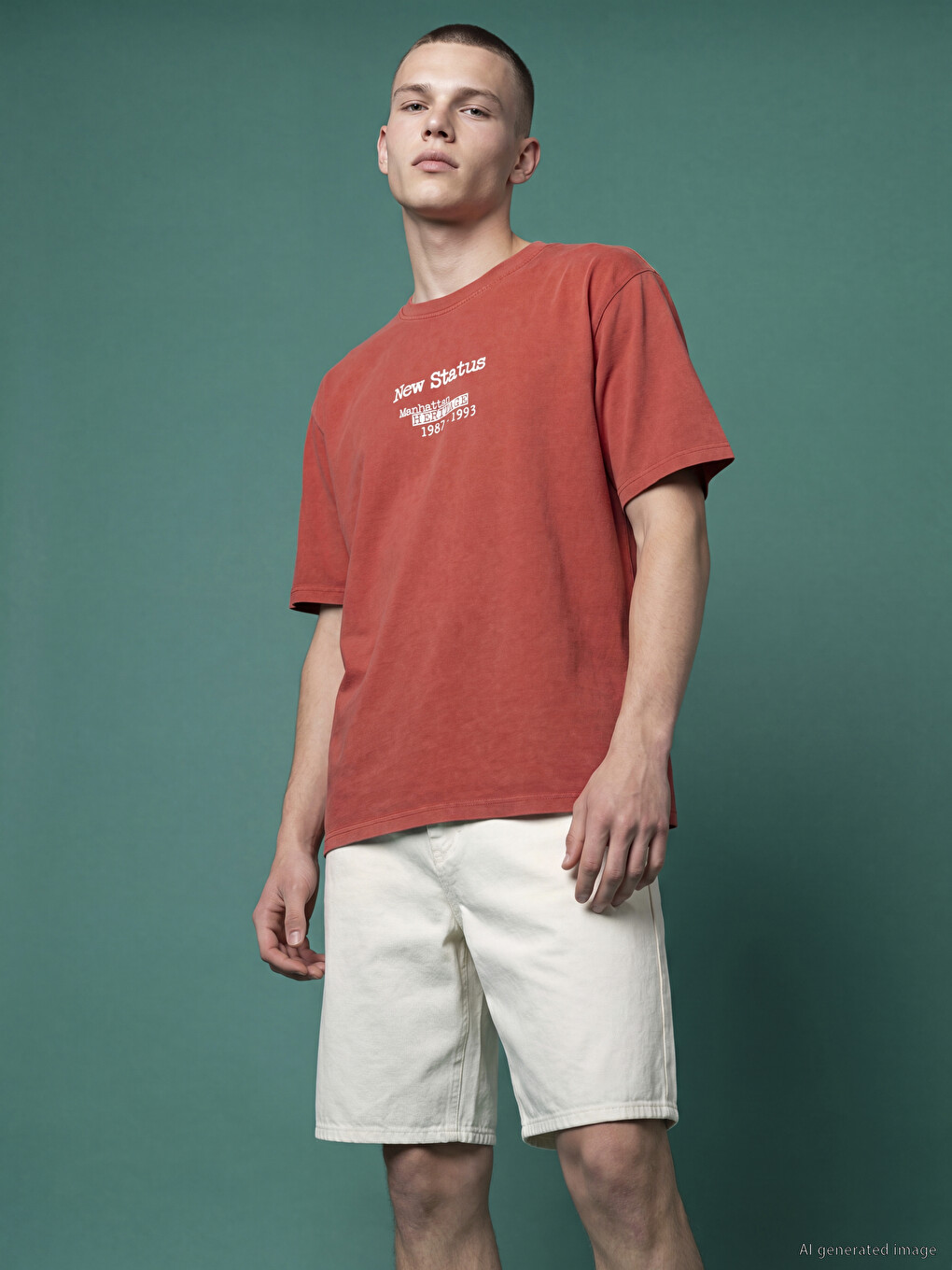 T-shirt me jakë të rrumbullakët i stampuar me Manhattan për burra